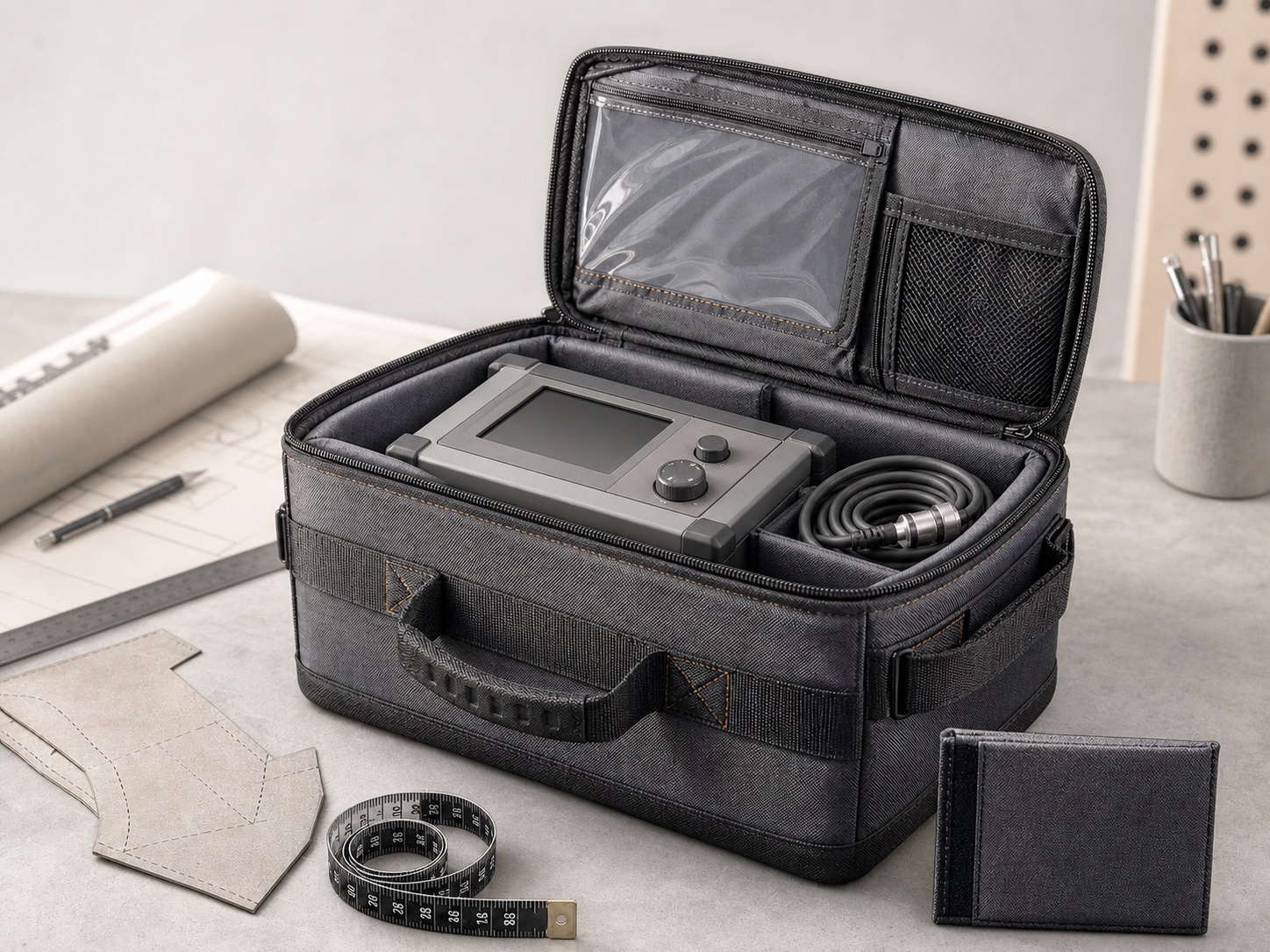 Custom soft equipment case fitted around a portable industrial inspection instrument