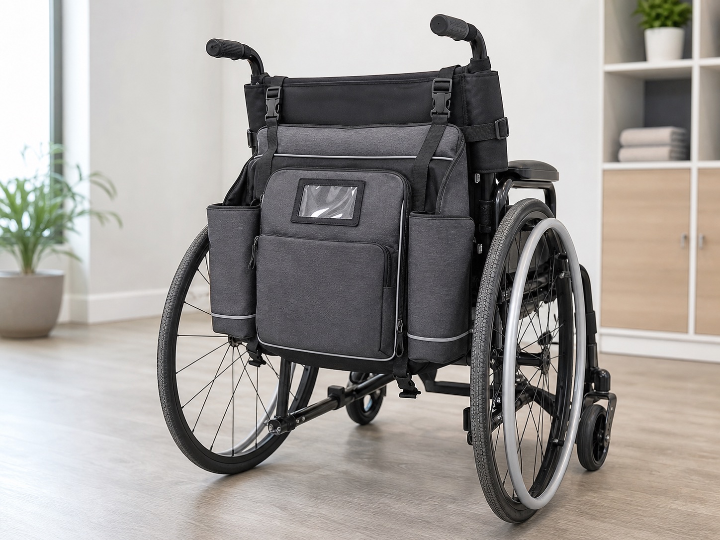 Custom Oxford fabric organizer fitted to a manual wheelchair